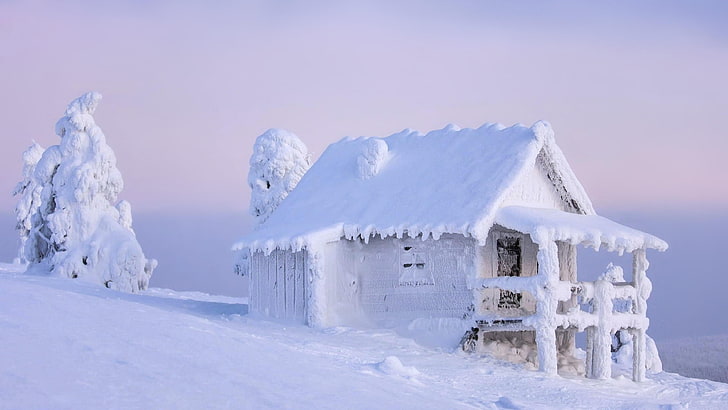 ice cap, mountainside, melancholy, cold, shanty, hut, log cabin, cabin, hoarfrost, snow, frozen, sky, frost, ice, frosty, freezing, winter, HD wallpaper