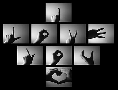 Обичам те на ръце, снимки в сива скала на различни ръчни знаци колаж, Любов,, ръка, HD тапет HD wallpaper