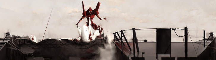 شخصية متحركة باللونين الأحمر والأسود ، Neon Genesis Evangelion ، وحدة EVA 02 ، أنيمي، خلفية HD