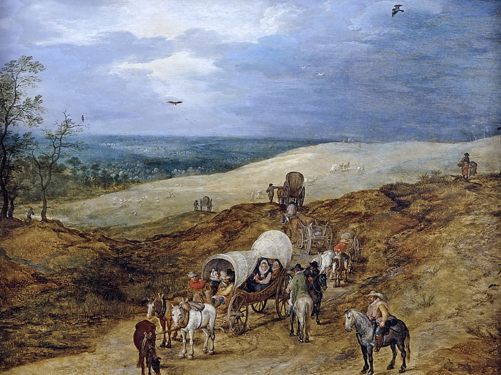 gens, image, chariot, Un paysage avec des voyageurs, Jan Brueghel l'ainé, Fond d'écran HD