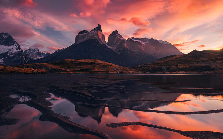 Patagonia, beautiful landscape, mountains, lake, red sky, clouds, sunset, Patagonia, Beautiful, Landscape, Mountains, Lake, Red, Sky, Clouds, Sunset, HD wallpaper