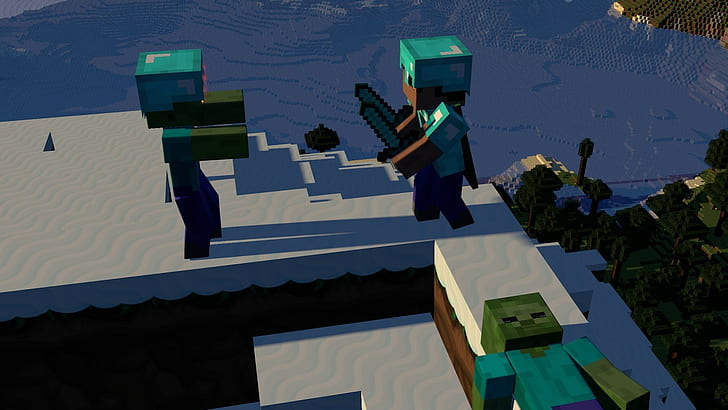 attack zombies mountain snow minecraft, HD wallpaper