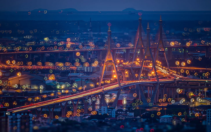 gece, ışıklar, akşam, Tayland, güney Bangkok ve Samut Prakan eyaletini birbirine bağlar, köprü Dipangkorn Rasmijoti, Daha güçlü köprü., Bhumibol Köprüsü, HD masaüstü duvar kağıdı