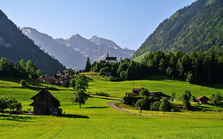 Швейцария Декорации Къщи Планини Тревни площи Flueli Дървета Градове Природа 414032, HD тапет