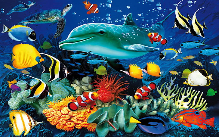 Океан Подводный мир Морская жизнь Дельфин Морская черепаха Разноцветные тропические рыбы, коралловые обои для ПК, планшета и мобильного Скачать 1920 × 1200, HD обои