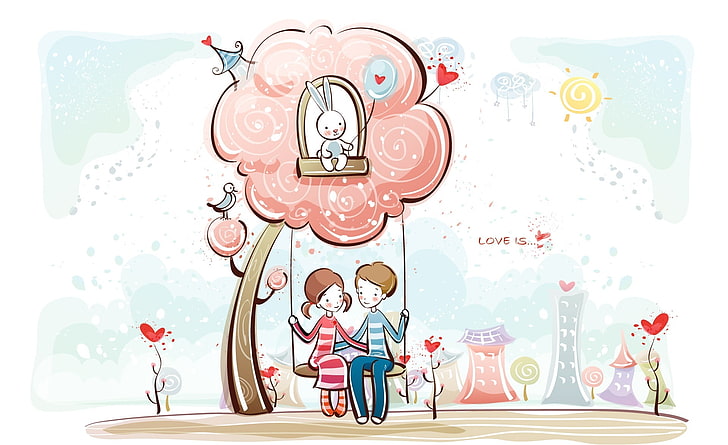 Couple On Swing, man and woman sitting on swing chair under tree illustration, Holidays, Valentine's Day, Magic, Couple, Swing, romantic boy and girl, couple on swing, HD wallpaper