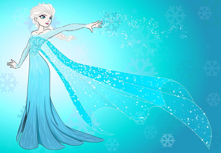 Замороженная Эльза иллюстрация, снежинки, фон, платье, Замороженная, Холодное сердце, Королева Эльза, HD обои