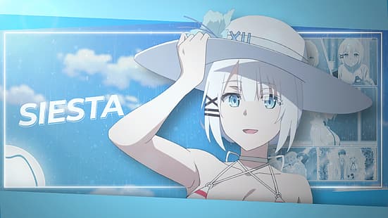 anime dziewczyny, Siesta, Tantei Wa Mou Shindeiru, bikini, krótkie włosy, niebieskie oczy, białe włosy, Tapety HD HD wallpaper