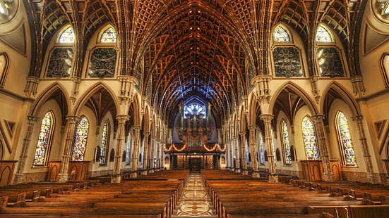 مقعد الكنيسة الخشبي البني ، HDR ، في الداخل ، الكنيسة ، العمارة، خلفية HD HD wallpaper
