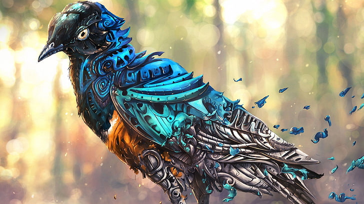 ilustração de pássaro azul e branco, trabalho artístico, arte de fantasia, arte digital, robô, pássaros, relógio, HD papel de parede