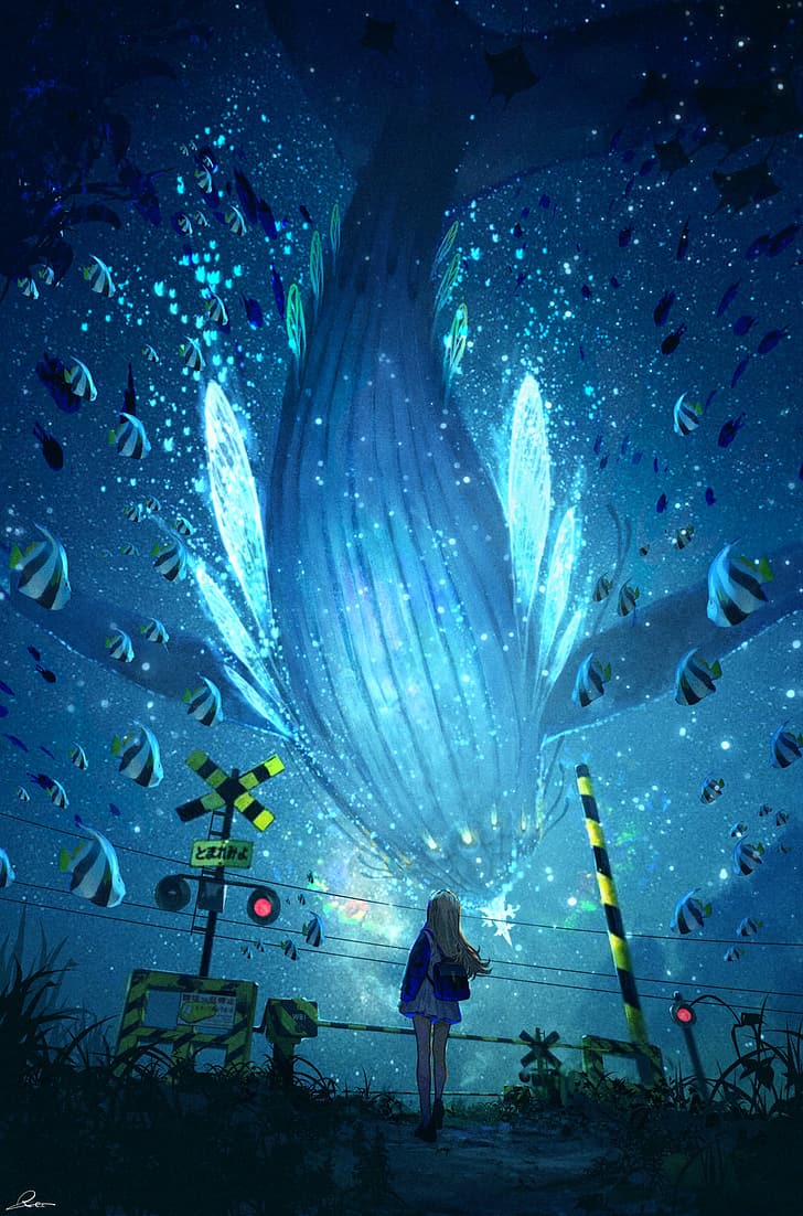 Kurasuta, portrait display, flying whales, anime girls, stars, starry night, starred sky, looking up, sky, tropical fish, long hair, landscape, wires, traffic lights, low-angle, leaves, path, Stingray, manta rays, outdoors, rear view, power lines, fish, road sign, grass, blonde, whale, night, HD wallpaper