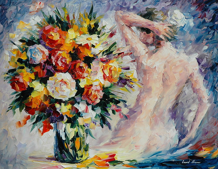 woman sitting near flowers painting, girl, flowers, back, bouquet, hands, vase, painting, Leonid Afremov, HD wallpaper