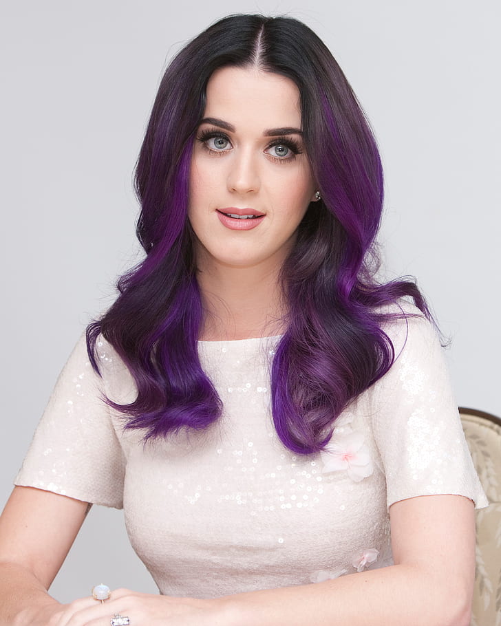 Katy Perry, cantora, olhos azuis, cabelos roxos, mulheres, HD papel de parede, papel de parede de celular