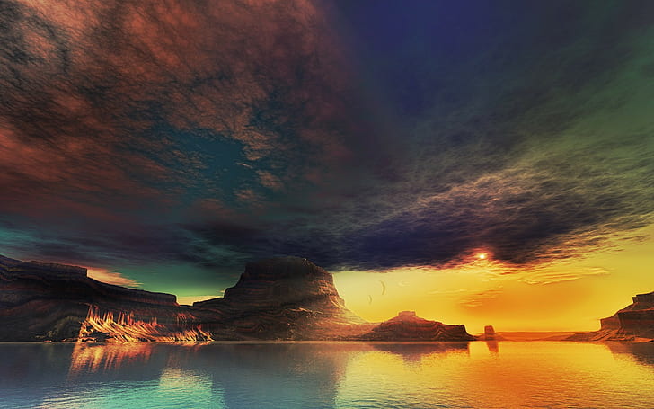 krajobraz, jezioro, sztuka cyfrowa, niebo, natura, chmury, światło słoneczne, Tapety HD