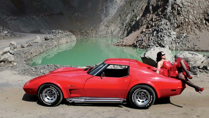 Corvette Summer- Another Version, mountain, lake, woman, cars, HD wallpaper