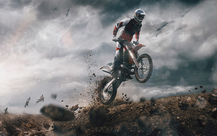motocross, terra, nuvole scure, sport, Sfondo HD