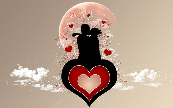 Одна влюбленная пара, мужчина и женщина целуют иллюстрации, Любовь,, красный, сердце, пара, поцелуй, HD обои