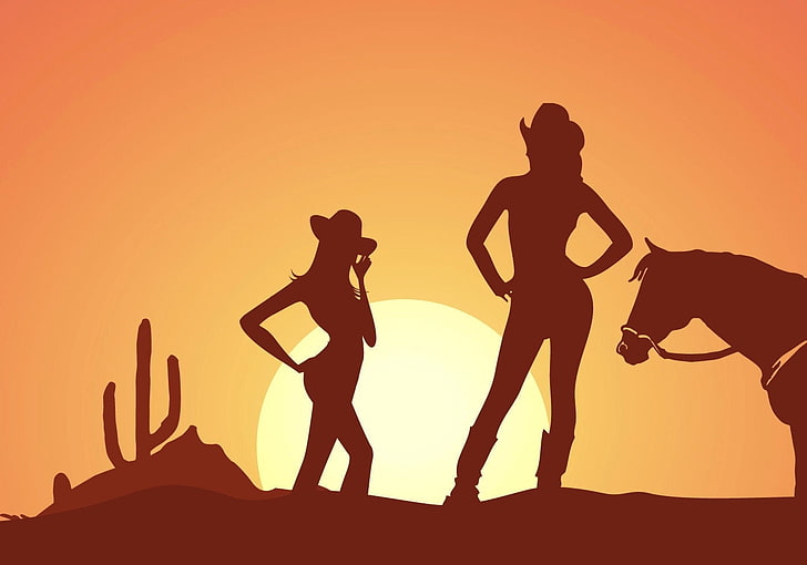 Cowgirls Silhouette, cowgirl, boots, sunset, digital art, outdoors, women, brunettes, girls, hats, female, models, ranch, fun, horse, silhouette, western, style, HD wallpaper