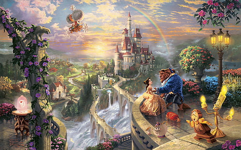 Красавица и чудовище Disney Castle Rainbow HD, цифровая графика, произведение, и, красавица, замок, радуга, дисней, зверь, HD обои HD wallpaper