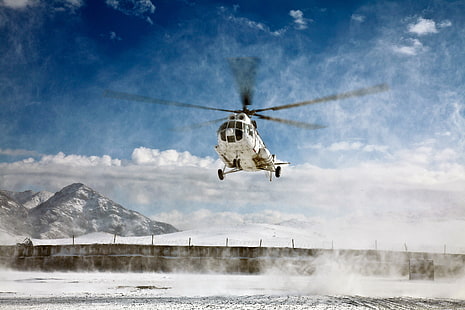 white helicopter, snow, mountains, helicopter, blades, mi-8, HD wallpaper HD wallpaper