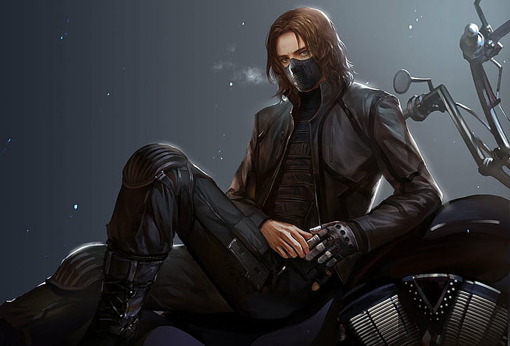 america, Barnes, blue, boots, Brown, Bucky, captain, eyes, fantasy, gloves, hair, Long, Male, mask, Motorcycle, soldier, the, winter, HD wallpaper