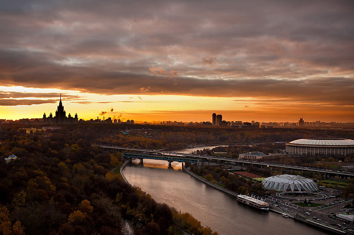 puente gris, moscú, ciudad, paisaje, kremlin deportivo, puente, río, Fondo de pantalla HD
