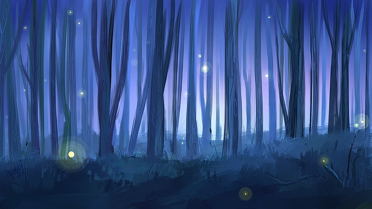 wald mit glühwürmchen malerei, wald, bäume, nacht, glühwürmchen, kunst, gemalte landschaft, HD-Hintergrundbild
