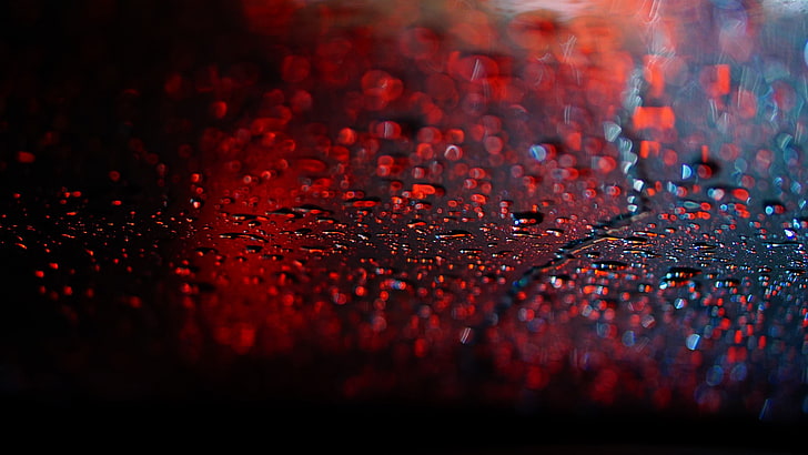 czerwono-czarne malarstwo abstrakcyjne, deszcz, krople wody, bokeh, głębia ostrości, Tapety HD