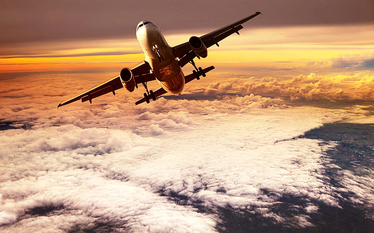 Пътнически самолет, летящ върху облаци отгоре, пътник, самолет, летящ, облаци, отгоре, HD тапет