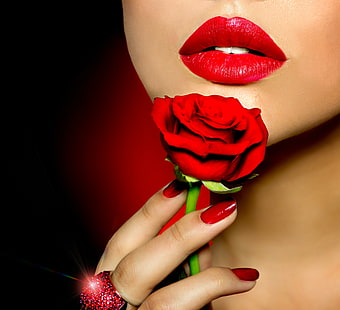 Красота червени устни, зрелищни, устни, роза, красота, прекрасна, страст, червени устни, нокти, любов, жени, червени рози, HD тапет HD wallpaper