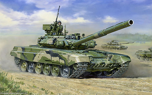 ilustração de tanque do exército de camuflagem verde, preto e bege, figura, tanque, russo, t-90, tanque de batalha principal, navios-tanque, HD papel de parede HD wallpaper