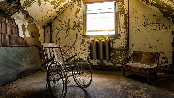 kursi roda hitam dan abu-abu, kehancuran, terbengkalai, kamar, kursi roda, Wallpaper HD