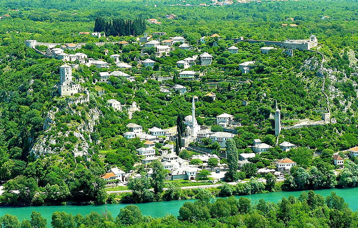 pohon berdaun hijau, tua, kota, abad pertengahan, masjid, pocitelj, Bosnia, sungai, Bosnia dan Herzegovina, Wallpaper HD