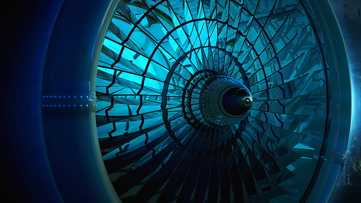 Grafica 3D, brillante, turbina, blu, Sfondo HD