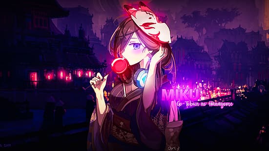Nakano Miku, 5-toubun no Hanayome, fond violet, pomme bonbon, yeux bleus, cheveux roses, Fond d'écran HD HD wallpaper