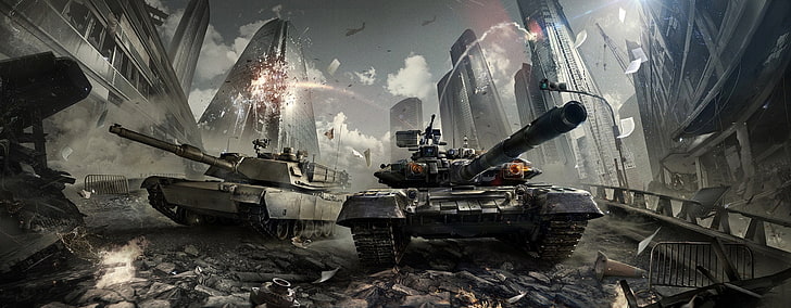 иллюстрация боевых танков, война, произведение искусства, танк, М1 Абрамс, Т-90, HD обои