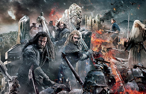 โปสเตอร์ลอร์ดออฟเดอะริงท้องฟ้าไฟผู้ชายวอลล์เปเปอร์แบ๊กกิ้นส์กองทัพแกนดัล์ฟเอียนแมคเคลเลนมาร์ตินฟรีแมนริชาร์ดอาร์มิเทจอาวุธเมฆดาบ 2014 กษัตริย์มนูเบนเน็ตต์พ่อมดนักรบวอร์เนอร์บราเธอร์สพิคเจอร์ส , MGM, Bilbo, Thorin, Azog, Fili, Kili, The Hobbit: The Battle of the Five Armies, New Line Cinema, Torin, Oakenshield, Gnomes, Aidan Turner, Dean O'Gorman, วอลล์เปเปอร์ HD HD wallpaper