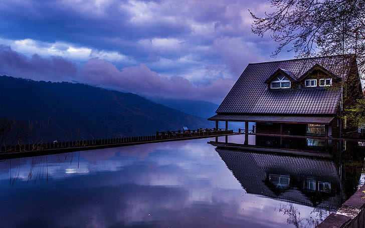 Cabin and infinity pool, brown cabin, nature, 1920x1200, cloud, sunset, mountain, pool, cabin, HD wallpaper