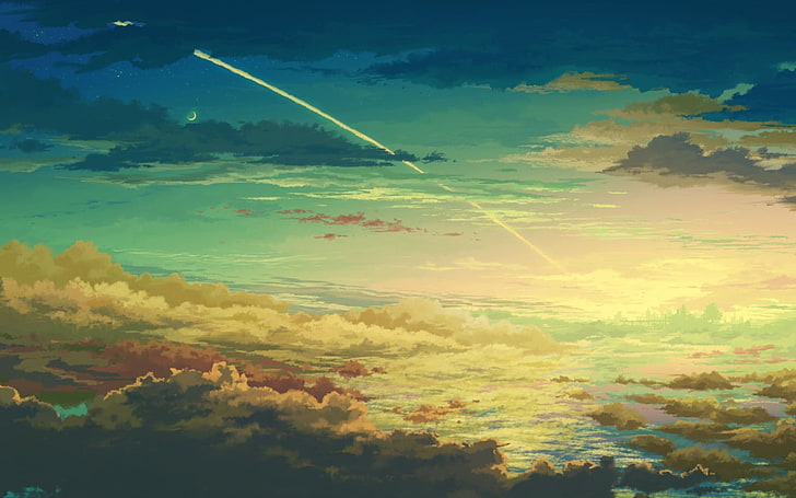 картина облачного неба, произведения искусства, небо, облака, закат, HD обои