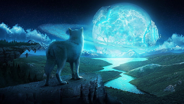الذئب ، الكوكب ، الليل ، السماء ، الخيال، خلفية HD
