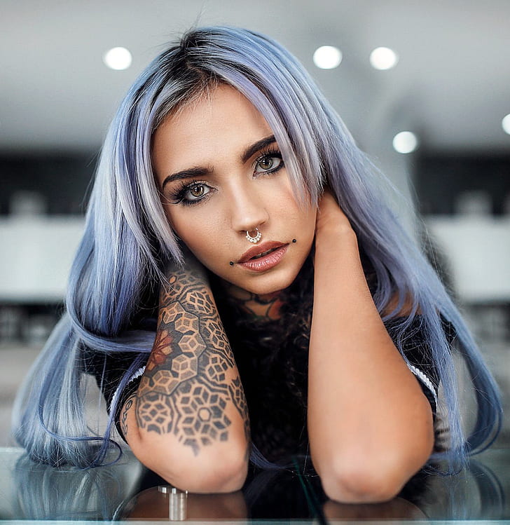 Alessandro Di Cicco, Fishball Suicide, women, blue hair, long hair, straight hair, hands in hair, looking at viewer, piercing, pierced nose, tattoo, portrait, HD wallpaper