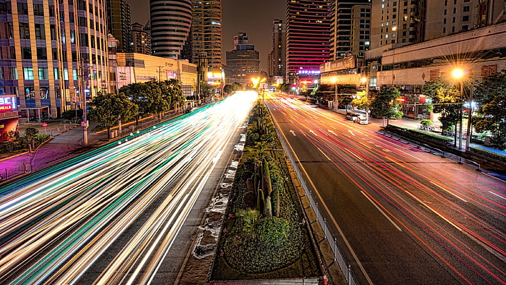 time lapse photography of city during night, urban, Shanghai, street, lights, long exposure, road, HDR, HD wallpaper