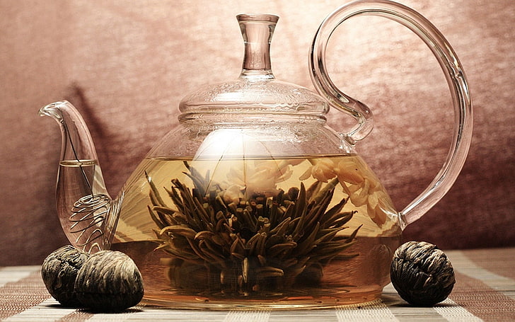 clear glass teapot, tea, tea leaves, grass, HD wallpaper