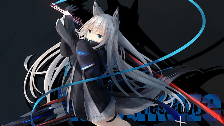Anime Mädchen, Fuchs Mädchen, Katana, digitale Kunst, Zeichnung, silbernes Haar, HD-Hintergrundbild