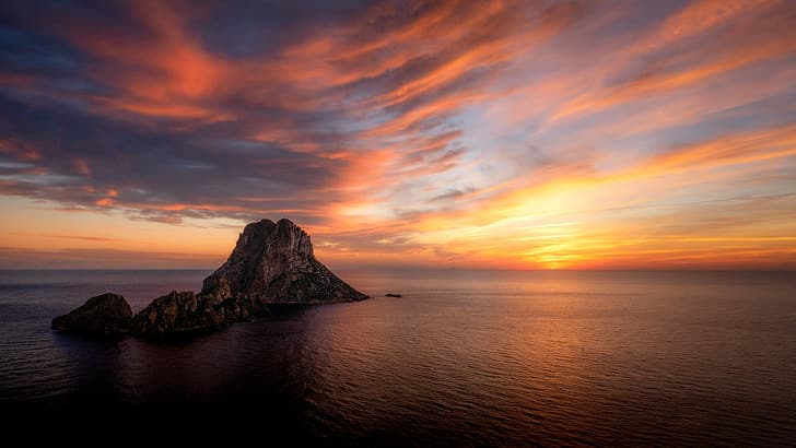 nature, landscape, sky, clouds, sunset, rocks, sea, Ibiza, HD wallpaper