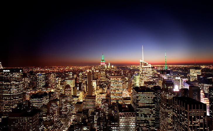 New York City At Night, black and gray high-rise buildings, United States, New York, Manhattan, unitedstates, newyork, cityhall, HD wallpaper