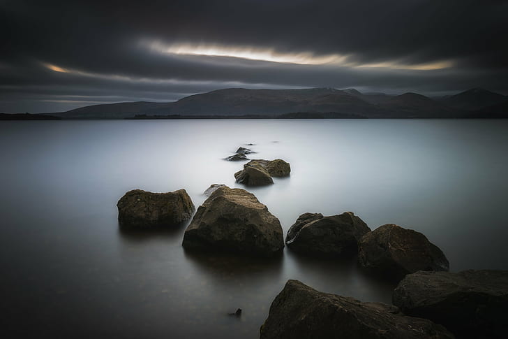 brown stone on body of water photo, Rocks, brown stone, body of water, photo, andi, com, campbell, jones, photography, scotland, loch  lomond, long  exposure, mountains, HD wallpaper