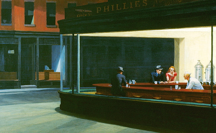 Nighthawks, kobieta i trzech mężczyzn na blacie malowanie, artystyczne, rysunki, malarstwo, nocne jastrzębie, Edward Hopper, najsłynniejszy obraz Hoppera, Tapety HD