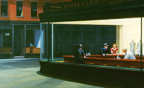 Nighthawks, kobieta i trzech mężczyzn na blacie malowanie, artystyczne, rysunki, malarstwo, nocne jastrzębie, Edward Hopper, najsłynniejszy obraz Hoppera, Tapety HD HD wallpaper