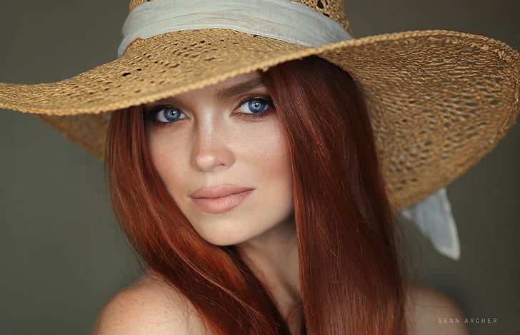 women, redhead, hat, blue eyes, portrait, face, simple background, Sean Archer, HD wallpaper